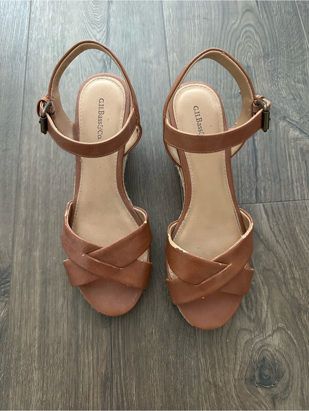 G.H. Bass & Co. Women's Tan Brown Wedge Sandals with Ankle Strap